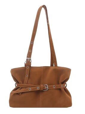 Brown Faux Leather Belted Shoulder Tote Bag | Vintage Inspired Slouchy Handbag